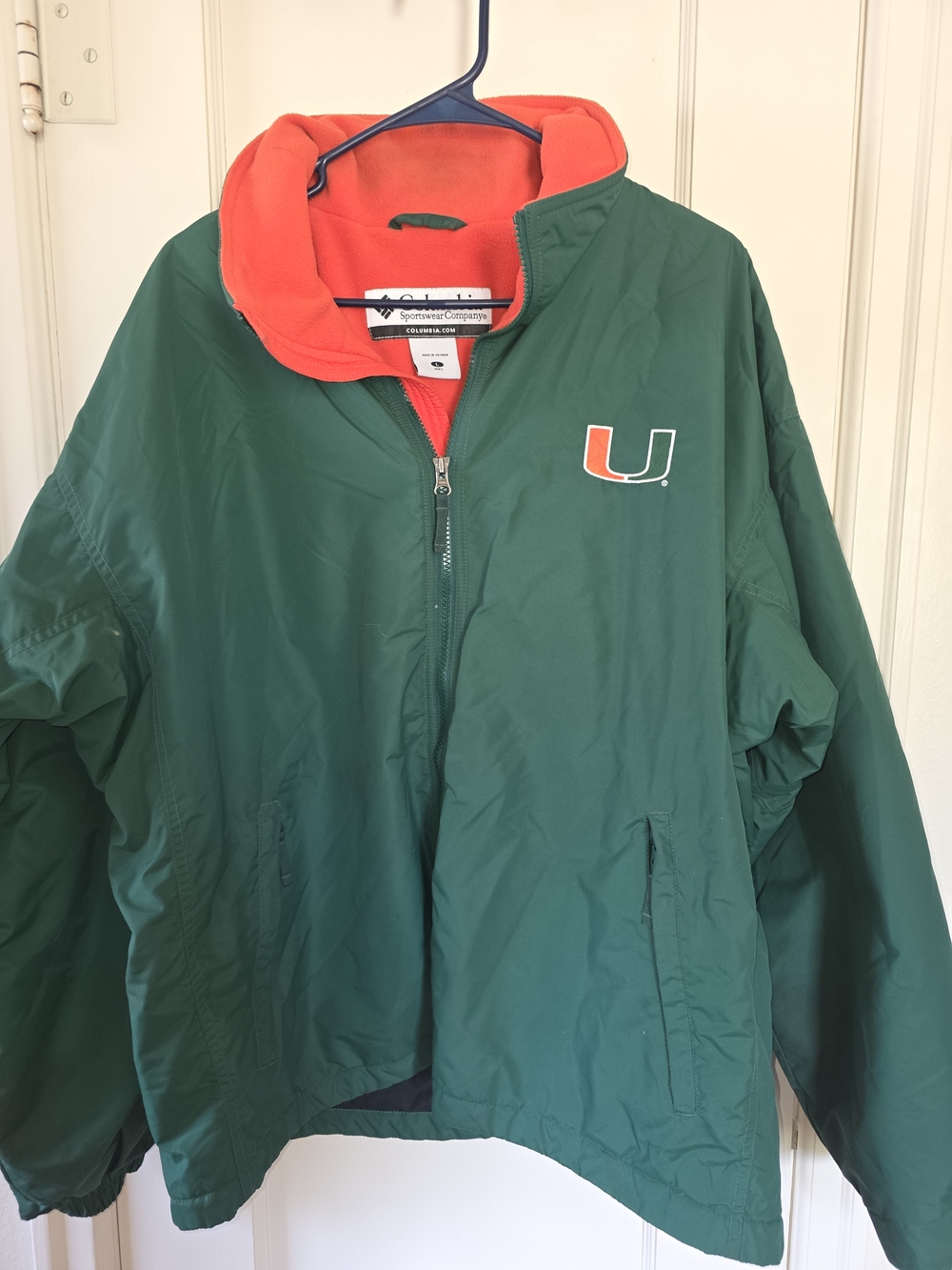 College Windbreaker Jacket in Green with Orange Trim